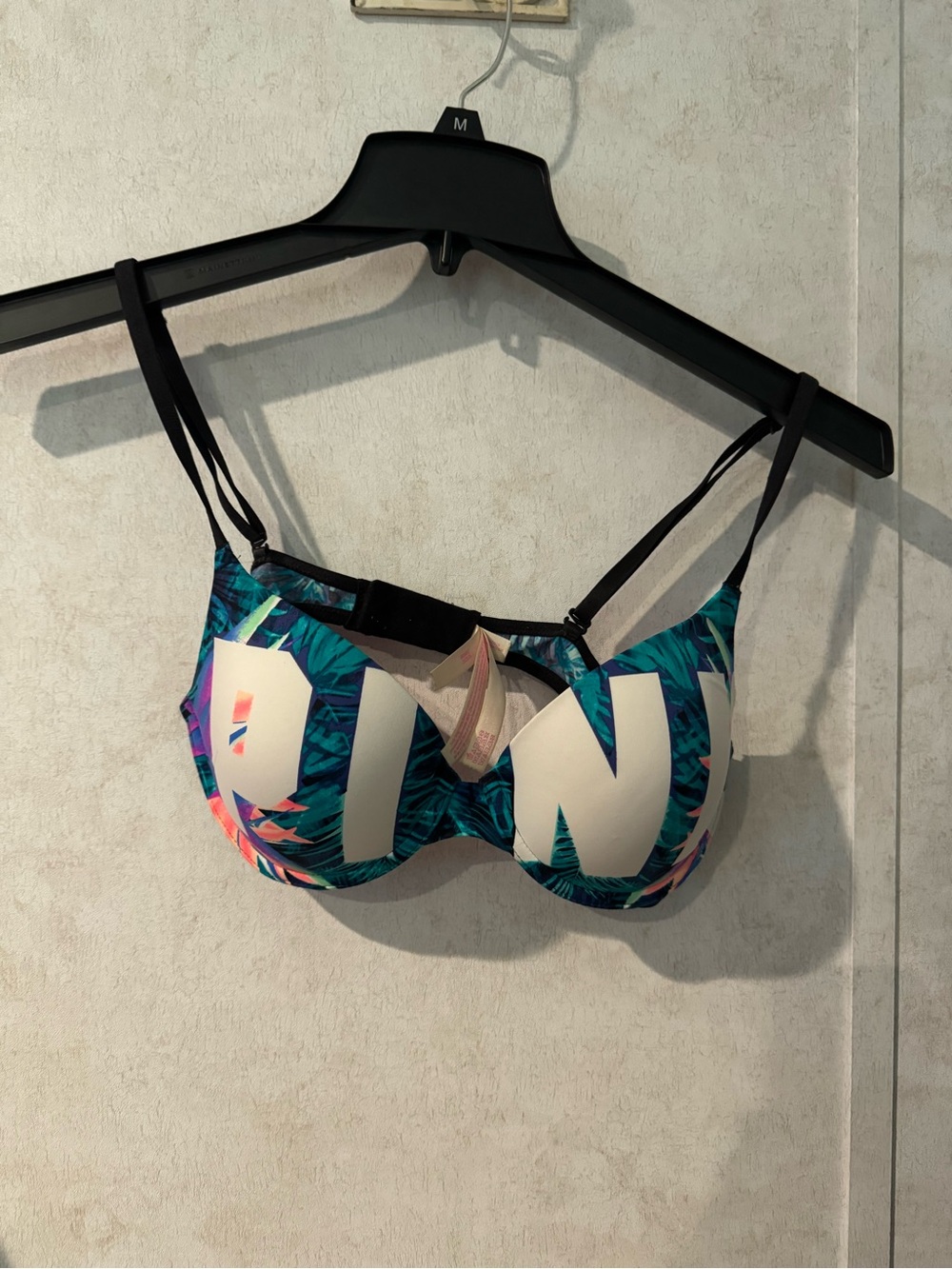 PINK Victoria's Secret Teal Tropical Underwire Bikini Top with Black Straps